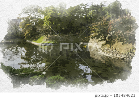 水彩画風　岡崎城　龍城堀　愛知県岡崎市 103484623