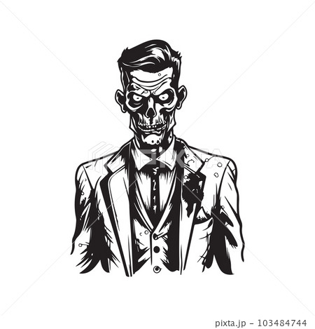 zombie wearing suit, vintage logo line art concept black and white color, hand drawn illustration 103484744