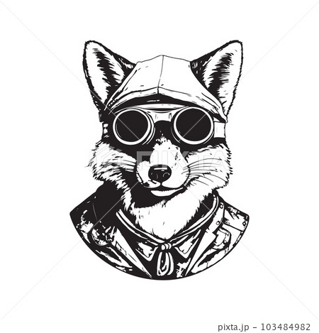 fox pilot, vintage logo concept black and white color, hand drawn illustration 103484982