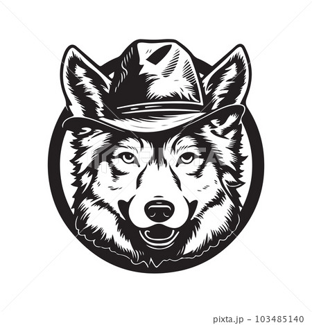 wolf in boy scout, vintage logo concept black and white color, hand drawn illustration 103485140
