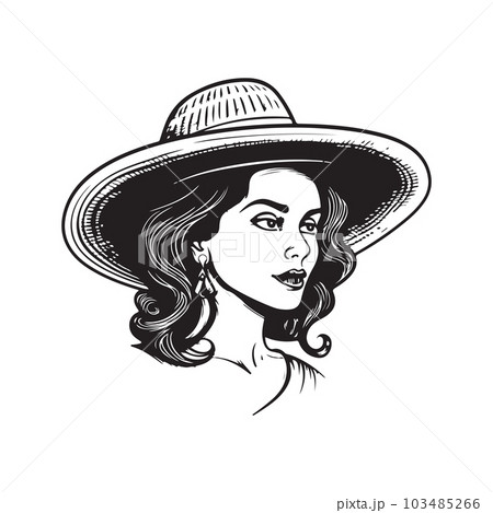 woman wearing sombrero hat, vintage logo concept black and white color, hand drawn illustration woman wearing sombrero hat, vintage logo concept black and white color, hand drawn illustration 103485266
