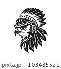 owl wearing indian chief accessories, logo concept black and white color, hand drawn illustration 103485521