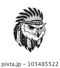 owl wearing indian chief accessories, logo concept black and white color, hand drawn illustration 103485522