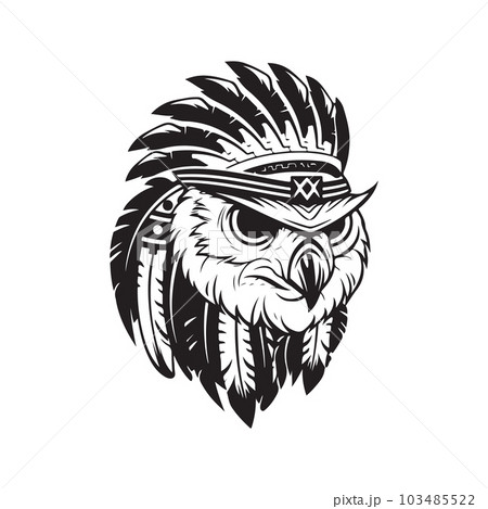owl wearing indian chief accessories, logo concept black and white color, hand drawn illustration owl wearing indian chief accessories, logo concept black and white color, hand drawn illustration 103485522