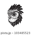 owl wearing indian chief accessories, logo concept black and white color, hand drawn illustration 103485523