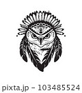 owl wearing indian chief accessories, logo concept black and white color, hand drawn illustration 103485524
