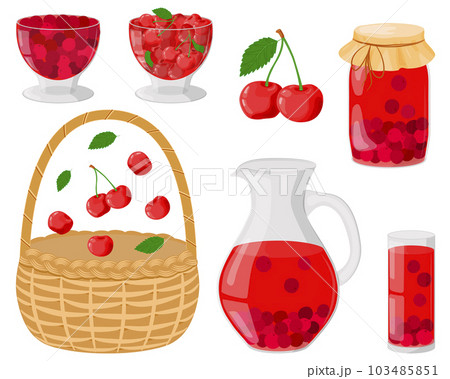 A set of cherries. Summer compote in a decanter, glass, jar. Drinking and jam from homemade fruits. Berries for a healthy drink. The concept of healthy eating. Wicker basket. Vector illustration. A set of cherries. Summer compote in a decanter, glass, jar. Drinking and jam from homemade fruits. Berries for a healthy drink. The concept of healthy eating. Wicker basket. Vector illustration. 103485851