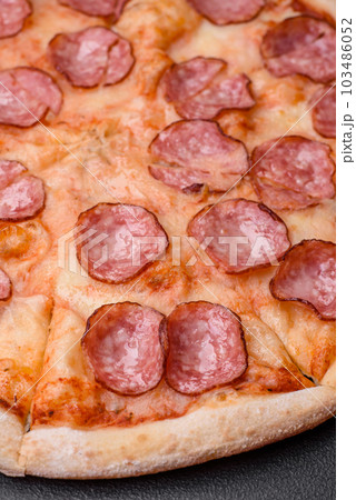 Tasty fresh pizza with salami, cheese, tomatoes, spices and salt 103486052