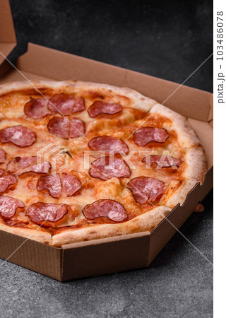 Tasty fresh pizza with salami, cheese, tomatoes, spices and salt Tasty fresh pizza with salami, cheese, tomatoes, spices and salt 103486078