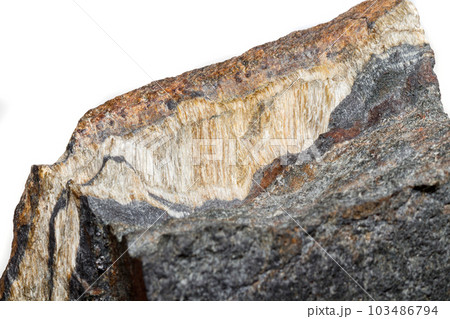 Macro mineral stone Snake eye in the rock a white background 103486794
