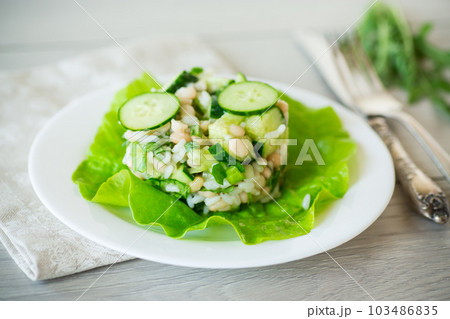 fresh summer salad with beans, rice, cucumbers and other vegetables in a plate 103486835