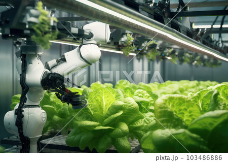 Robotics arm working in smart farming inspects vegetables with Ai Generated. 103486886