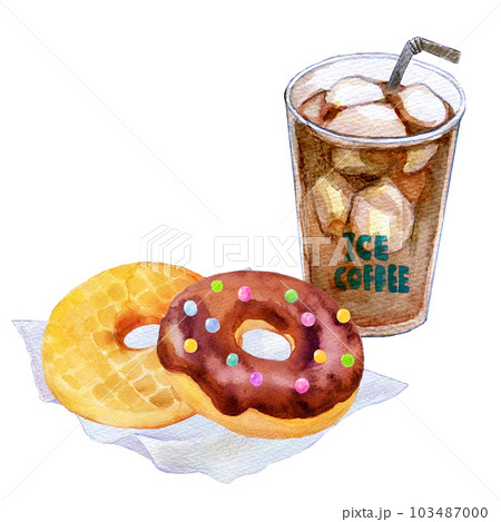 ドーナツとアイスコーヒー　水彩イラスト 103487000