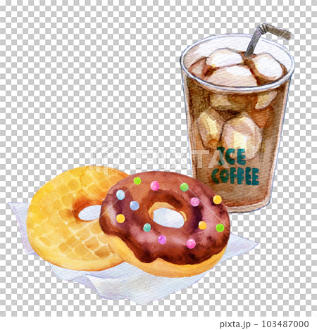 ドーナツとアイスコーヒー　水彩イラスト 103487000