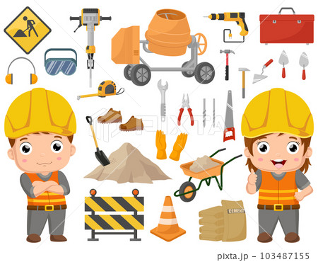 Cute little builder kids with construction tools 103487155