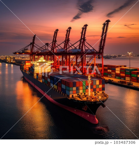 container cargo freight ship port at sunset with Ai Generated container cargo freight ship port at sunset with Ai Generated 103487306