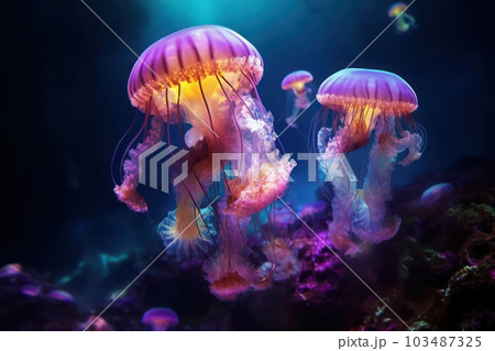 Colorful jellyfish in the aquarium with Ai Generated. 103487325