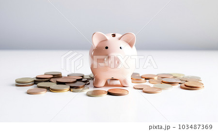 Piggy pink ceramic bank golden coin stack wealth concept photo. Financial economy success savings profit money investment photo 103487369