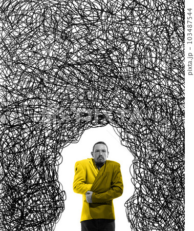 Man hiding from obsessive thoughts, endless critics and opinion of society. Hidden fears and breakdown. Contemporary art collage. Man hiding from obsessive thoughts, endless critics and opinion of society. Hidden fears and breakdown. Contemporary art collage. 103487544