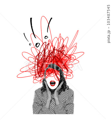Chaos. Mental breakdown. Young woman suffering from depression and overflow of emotions. Contemporary art collage. 103487545
