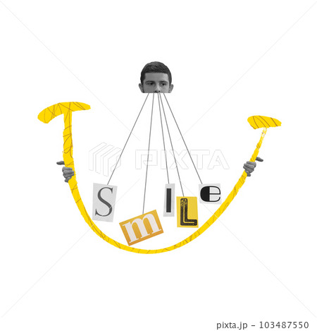Young man with emotionless face holding smile word. Hiding inner feelings and real-self. Social pressure. Contemporary art collage. 103487550