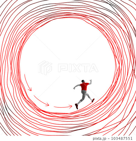 Man endlessly running in drawn circle. Hopeless situation. Hidden fears and routine pressure. Contemporary art collage. Man endlessly running in drawn circle. Hopeless situation. Hidden fears and routine pressure. Contemporary art collage. 103487551