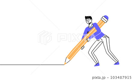 Happy young man holding big pencil and drawing a line on the floor. Concept of writer, creativity, achievement, education, motivation, homework, Outline linear doodle Simple style vector illustration. 103487915