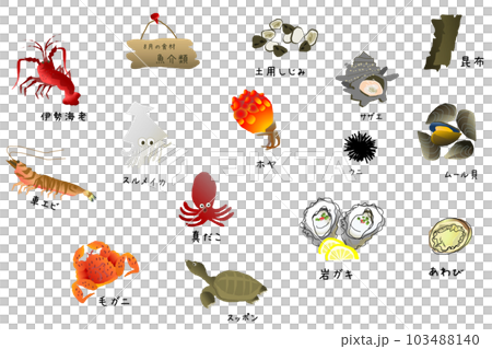 Seasonal fish and shellfish (August) cute illustration set 103488140