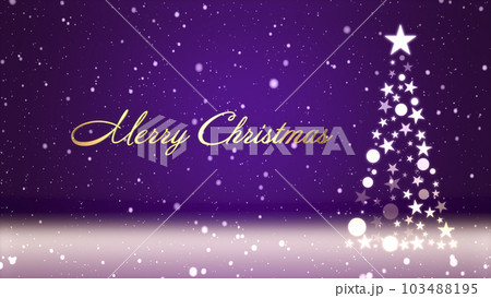クリスマスツリーと色のついた背景に雪が舞い、クリスマスの文字 103488195