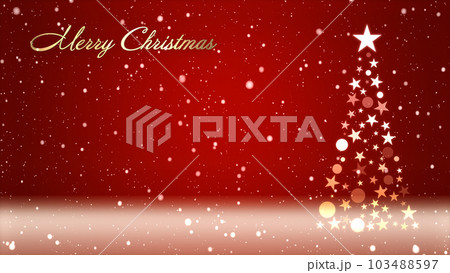 クリスマスツリーと色のついた背景に雪が舞い、クリスマスの文字 103488597