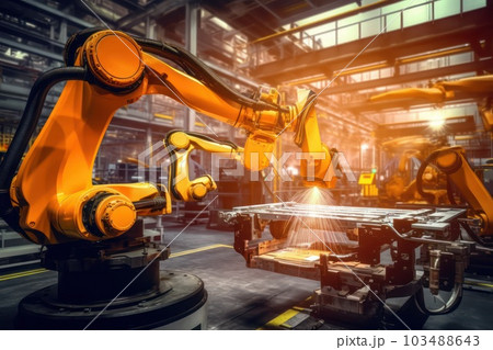 Robotic arm for structural assembly of automobile parts in an industrial factory with Ai Generated. Robotic arm for structural assembly of automobile parts in an industrial factory with Ai Generated. 103488643