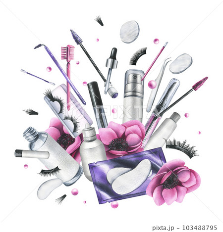 Pink anemone flowers and various decorative and skin care cosmetics. Watercolor illustration, hand drawn. Isolated composition on a white background. Pink anemone flowers and various decorative and skin care cosmetics. Watercolor illustration, hand drawn. Isolated composition on a white background. 103488795