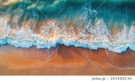 Sea waves on the beach,Aerial top down view of waves on the beach as a background,AI generated. 103489236
