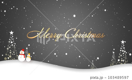 雪が舞う中を雪だるまたちが歩く、メリークリスマスの文字 雪が舞う中を雪だるまたちが歩く、メリークリスマスの文字 103489597