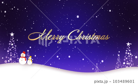 雪が舞う中を雪だるまたちが歩く、メリークリスマスの文字 103489601