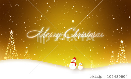 雪が舞う中を雪だるまたちが歩く、メリークリスマスの文字 雪が舞う中を雪だるまたちが歩く、メリークリスマスの文字 103489604