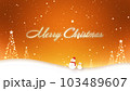 雪が舞う中を雪だるまたちが歩く、メリークリスマスの文字 103489607