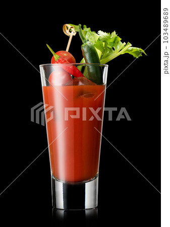 Bloody mary original world famous vodka and tomato juice cocktail on black. Bloody mary original world famous vodka and tomato juice cocktail on black. 103489689