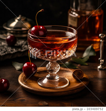 Classic Manhattan cocktail made with rye whiskey, vermouth, dash of bitters, garnished with cherry. AI generated 103489732