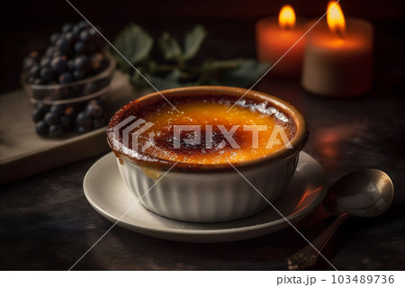 Bowl of silky smooth creme brulee with crisp caramelized sugar topping. AI generated 103489736