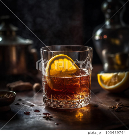 Bitter and complex Sazerac cocktail made with rye whiskey, absinthe, sugar cube, bitters, lemon twist. AI generated 103489744