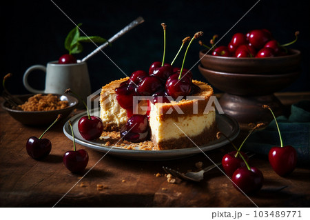 Classic New York style cheesecake with cracker, creamy filling, raspberry sauce and fresh berries. AI generated 103489771