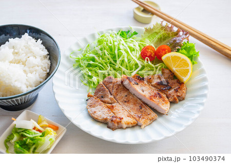 夕食のポークステーキとご飯 103490374