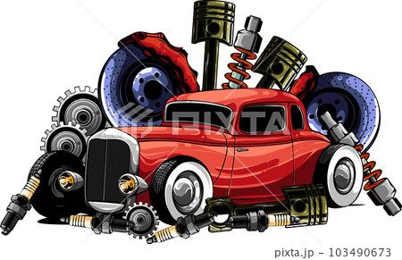 Vintage car components collection witn automobile motor engine piston steering wheel tire headlights speedometer gearbox shock absorber isolated vector illustration 103490673