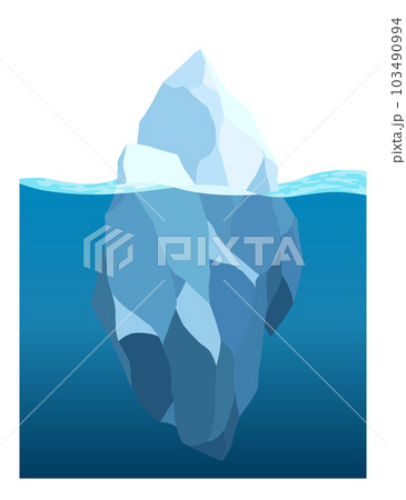 Iceberg floating in water. Arctic glacier. Futuristic polygonal illustration on blue background. Huge white block of ice drifts with massive underwater part Iceberg floating in water. Arctic glacier. Futuristic polygonal illustration on blue background. Huge white block of ice drifts with massive underwater part 103490994