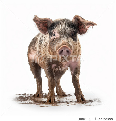Very dirty pig piglet soiled in mud and dung, close-up isolated on white Very dirty pig piglet soiled in mud and dung, close-up isolated on white 103490999