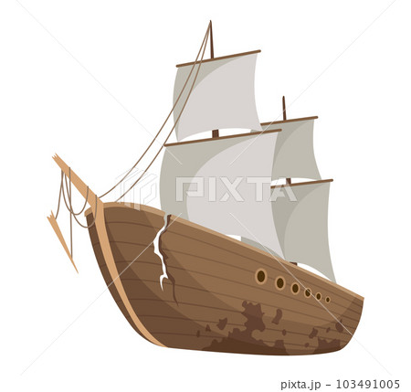 Broken ship icon. Cartoon wooden battered ship with tattered board after wreck or attack. Destroyed, wreck ship isolated on white background Broken ship icon. Cartoon wooden battered ship with tattered board after wreck or attack. Destroyed, wreck ship isolated on white background 103491005