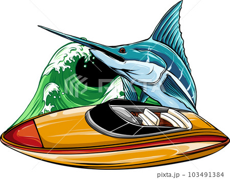 vector illustration of speedboat with marlin fish - Stock