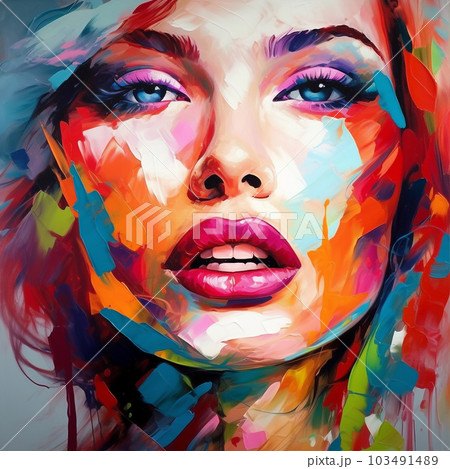 Art Portrait of beautiful woman with red lips and colorful paint splashes.  Portrait of attractive girl with creative make-up. Digital painting. Illustration of a beautiful girl with oil paints 103491489