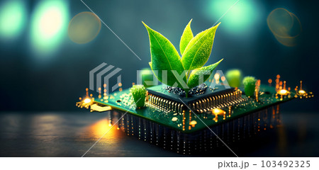 Tree growing on CPU chip with circuit mainboard. Eco technology, Green IT, Nature Technology, and Ecology Concept. Generative Ai. 103492325